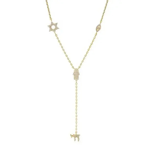 Lucky Cute CZ Star Eye Hand Chai Charm Lariat Y Necklace Amulet Judaism Sign of Life Gold Color Women Jewelry