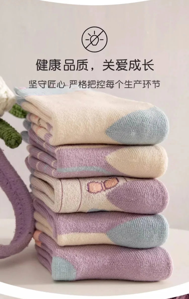 5 pairs of thick socks for girls in winter, medium to large-sized long tube looped socks with fleece added
