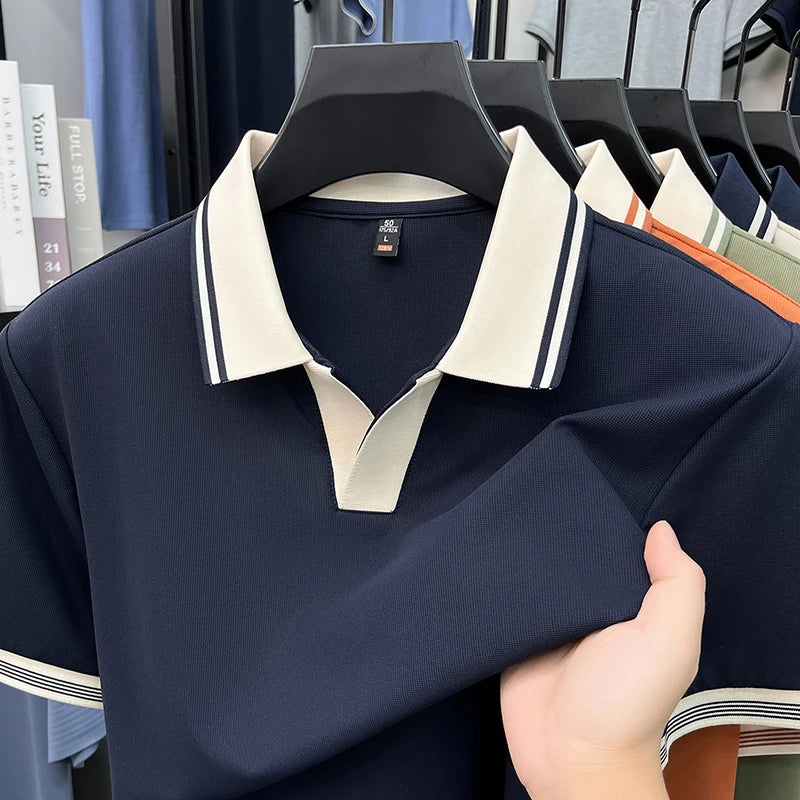 Light luxury summer new short sleeve polo shirt silky breathable high-end men's fashion personalized color blocked lapel T-shirt