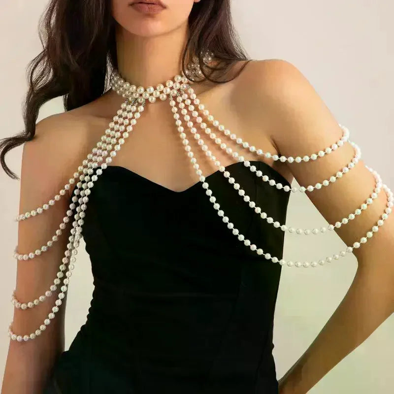 Bridal Tassel Imitation Pearl Shoulder Chain Necklace Elegant Cheongsam Dress Shawl Wedding Jewelry Accessories Gift For Women