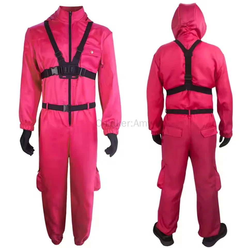 Halloween Cosplay Outfit TV Game Adult Kids Pink Red Jumpsuit Costume Set with Gloves Suspenders Role Play Party Wear for Boys
