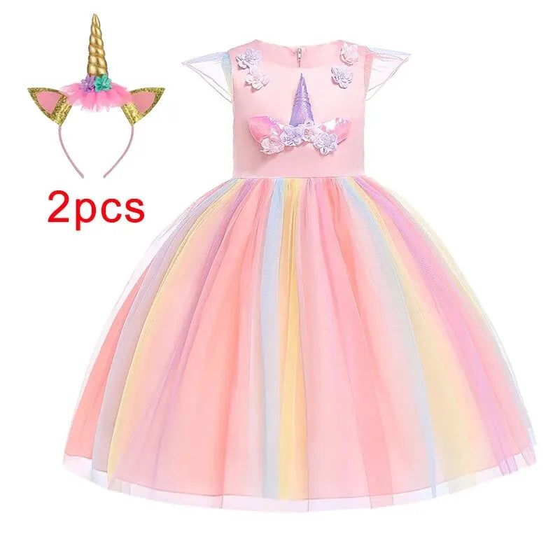 Girl Unicorn Halloween Fancy Princess Dress Teen Girls Rainbow Colorful Cosplay Costume Kids Birthday Party Dresses Tulle Wear