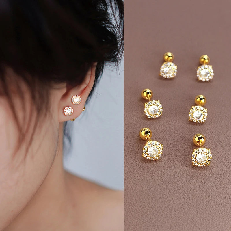 925 Sterling Silver Flash Earrings Shiny Zircon Earrings Female Gold Color Screw Ear Bone Jewelry for Women Fashion Accessories