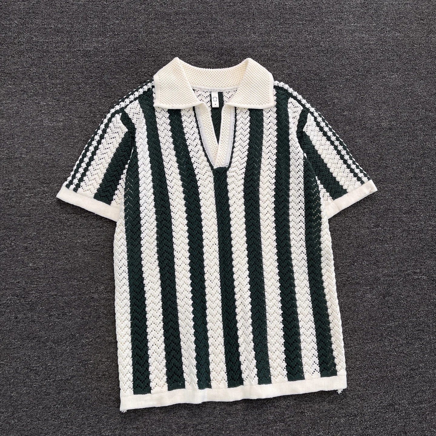 Men's Short Sleeve  Shirt Knitted Hollow out V-Neck Summer Breathable Stripe Pattern Versatile Casual T-Shirt