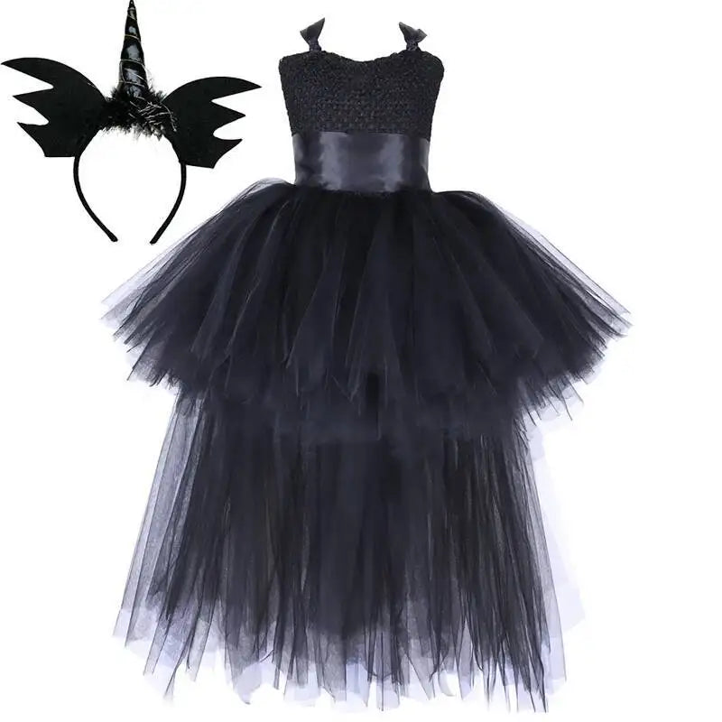 Dark Witch Halloween Costumes for Girls Black Devil Angel Fancy Trailing Dress with Feather Wings Bat Horns Kids High Low Outfit