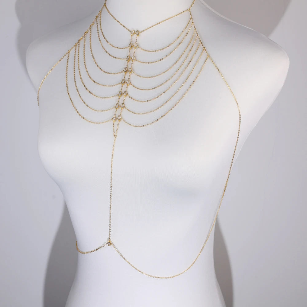 Multi-layer Body Chain Necklace Dress Women Sexy Harness with Colorful CZ Paved Hollow Bling Tassel Chain Fashion Party Jewelry