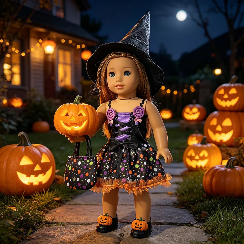 Halloween Doll Costume Outfit Suitable for 18 Inch Dolls. Doll Holiday Costume Set with Three Pieces and Doll Accessories
