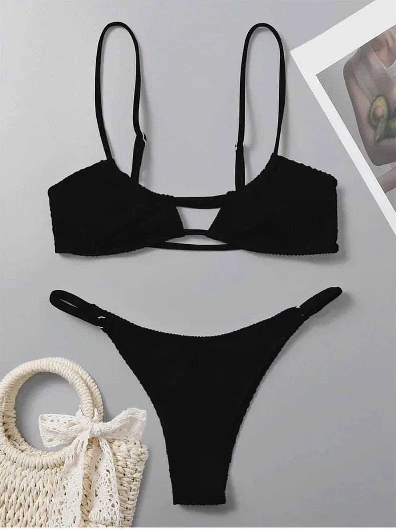 Sexy Ribbed Bandeau Mircro Mini Bikini Sets Two Pieces  Women Thong Swimsuit Female Bathing Suit Swimwear Biquini