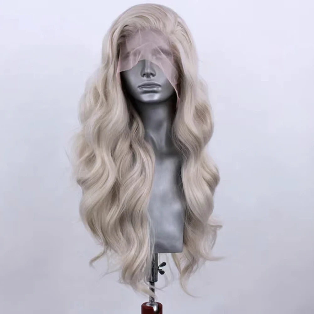 AIMEYA Ash Blonde Lace Front Wig Long Body Wave Synthetic Wig 13x4 Frontal Lace Glueless Daily Use Cosplay Wigs for Women