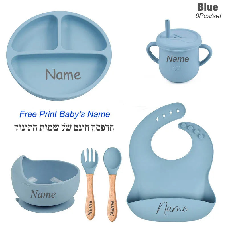 6PCS Silicone Feeding Set For Baby Personalized Name Logo Plate Bowl Customized Newborn Gift Silicone Straw Cup BPA Free
