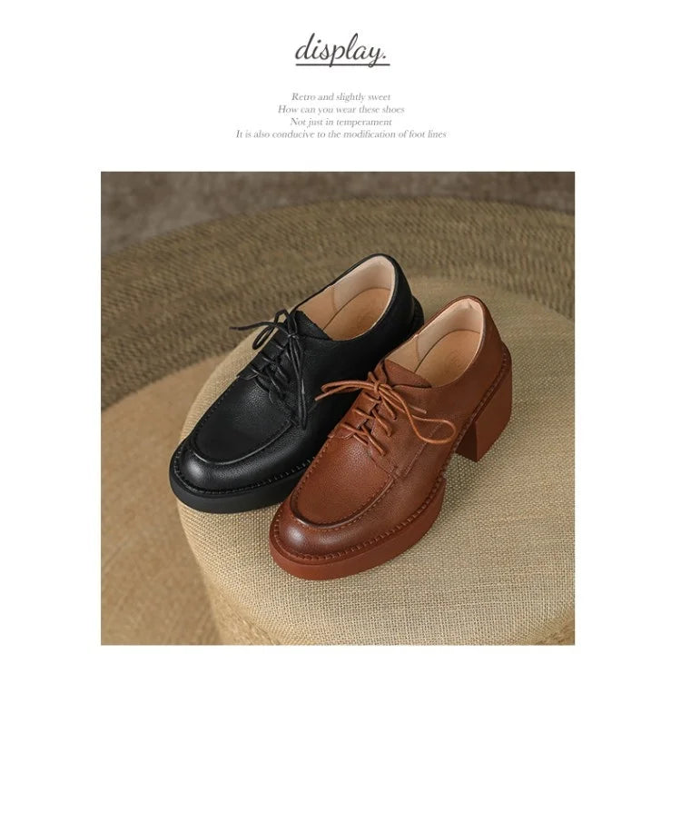 NEW Spring/Autumn Women Shoes Genuine Leather Round Toe Platform Shoes Women Solid Lace Women Pumps Thick Heel Shoes for Women