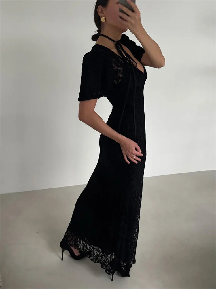 Tossy Fashion Lace Hollow Out Long Dress Women's V-Neck High Waist Sexy See-Through Printed Summer Dress Female Bodycon Dress