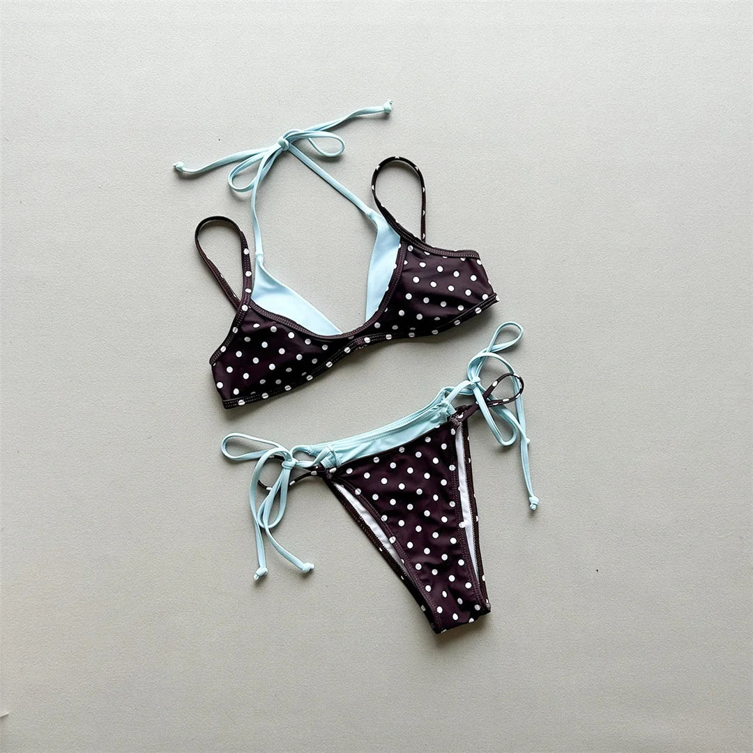Sexy Polka Dot Plaid Halter Bikini Female Swimsuit Women Swimwear Two-Pieces Bikini Set Splicing Bather Bathing Suit Swim V8027