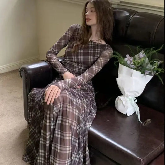 French Sexy Lazy Plaid Long Sleeve Dress Women's Autumn New Elegant Waist-Cinching Slimming Midi Dress Polyester Fabric