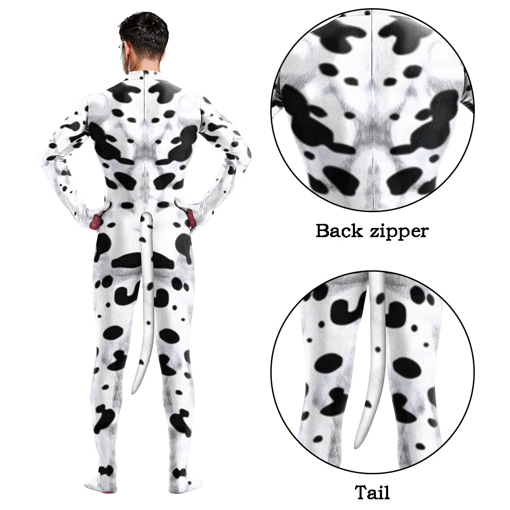 Halloween Cosplay Costume Male Adult Full Cover Elastic Zentai Pet Suit Jumpsuit Print Catsuit Bodysuits with Tail Purim Clothes