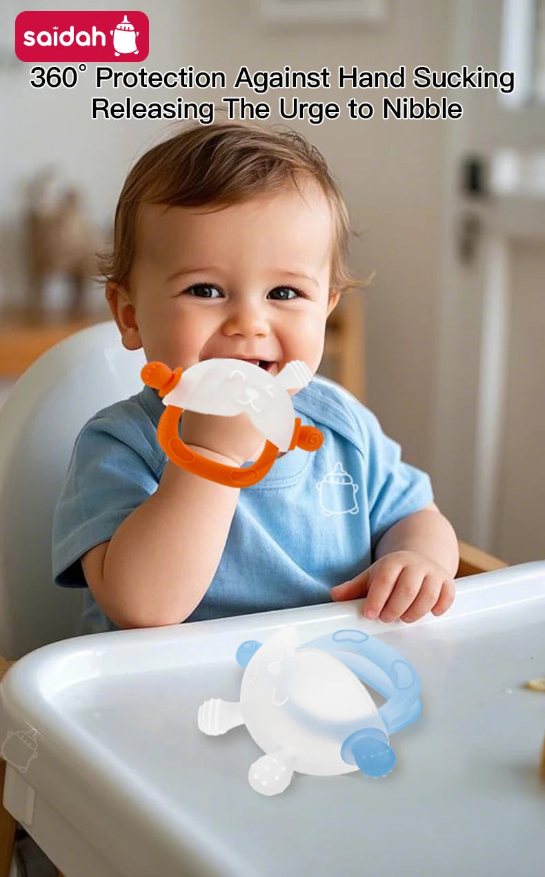 360° Hand Sucking Protection Teether - Cute Bunny Design with Full-Hand Grip, Hollow & Solid Biting Surfaces, Baby Toy