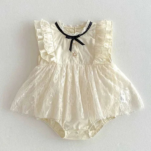 2025 New Summer Korean Style Climbing Suit Flying Sleeve Cotton Lace Splicing Toddler Baby Girls Jumpsuit 0-24M Baby Clothing