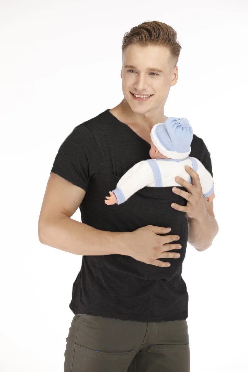Kangaroo Pocket T-Shirt Nylon Cotton Father Mother Short Sleeves Tops Baby Summer Pregnancy Safety Carrier Feeding Clothing