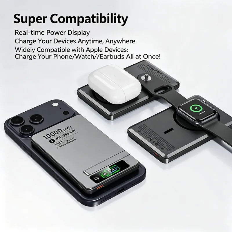 5000/10000mAh Slim and Portable Magnetic Power Bank with Bracket TFT Digital Display Wireless Fast Charging for Phones Watches