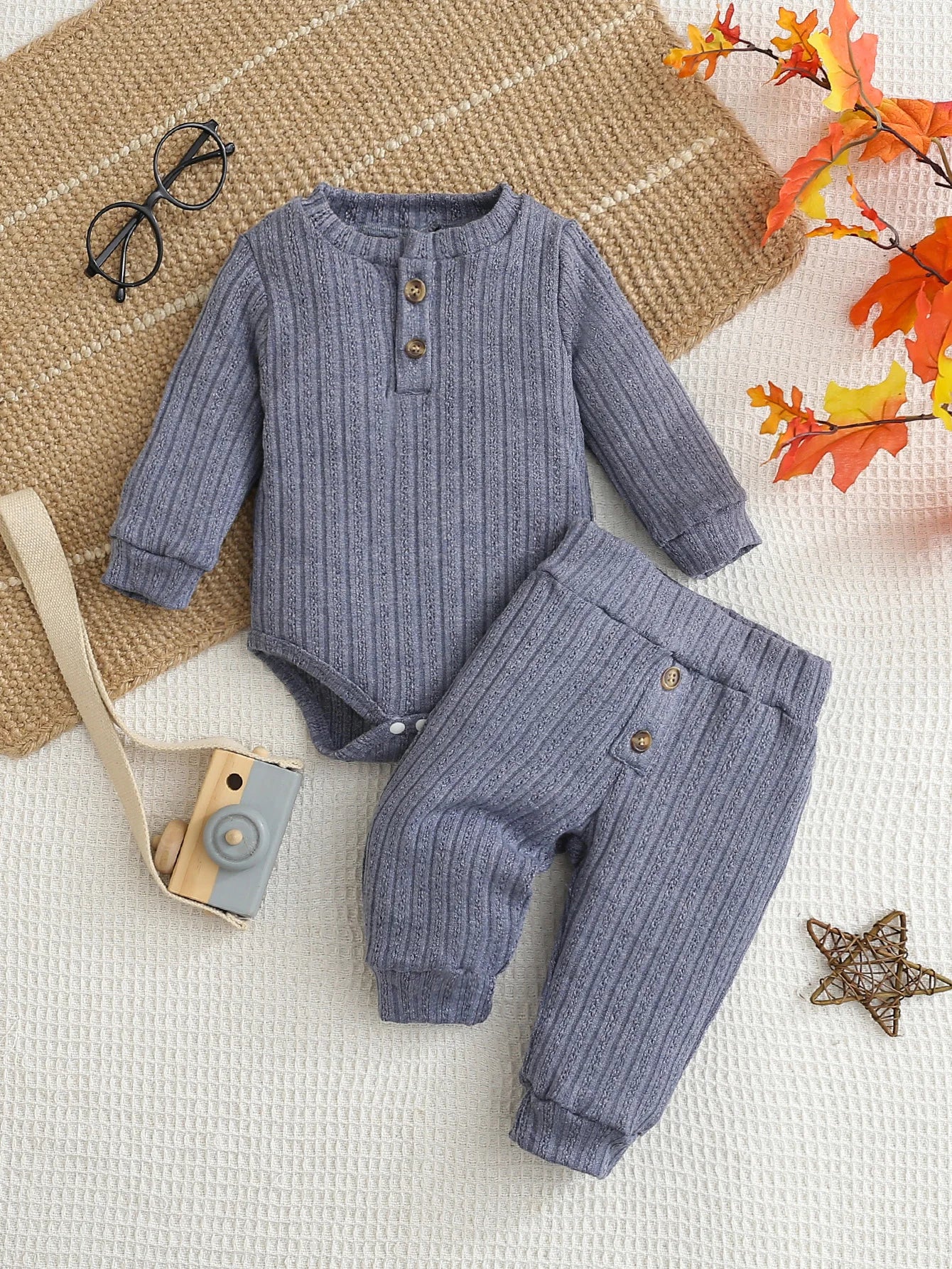 Baby Autumn Winter Knitted Blue Long Sleeve Crawler Suit with Long Pants Infant Clothing Set for Toddlers