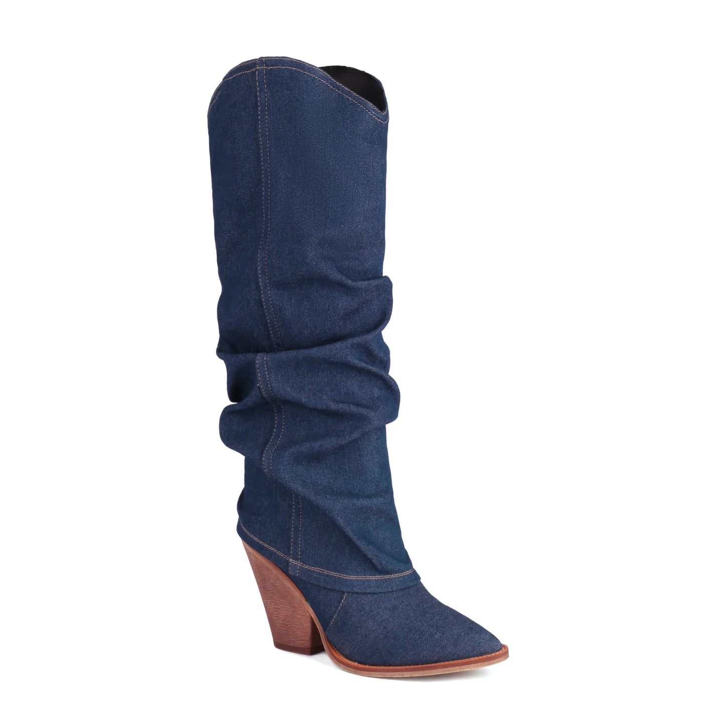Turned-Over Edge Denim Fashion Sleeve For Women's Knee High Boots Super High Wood Grain Tapered Thick Heel New Winter Boots