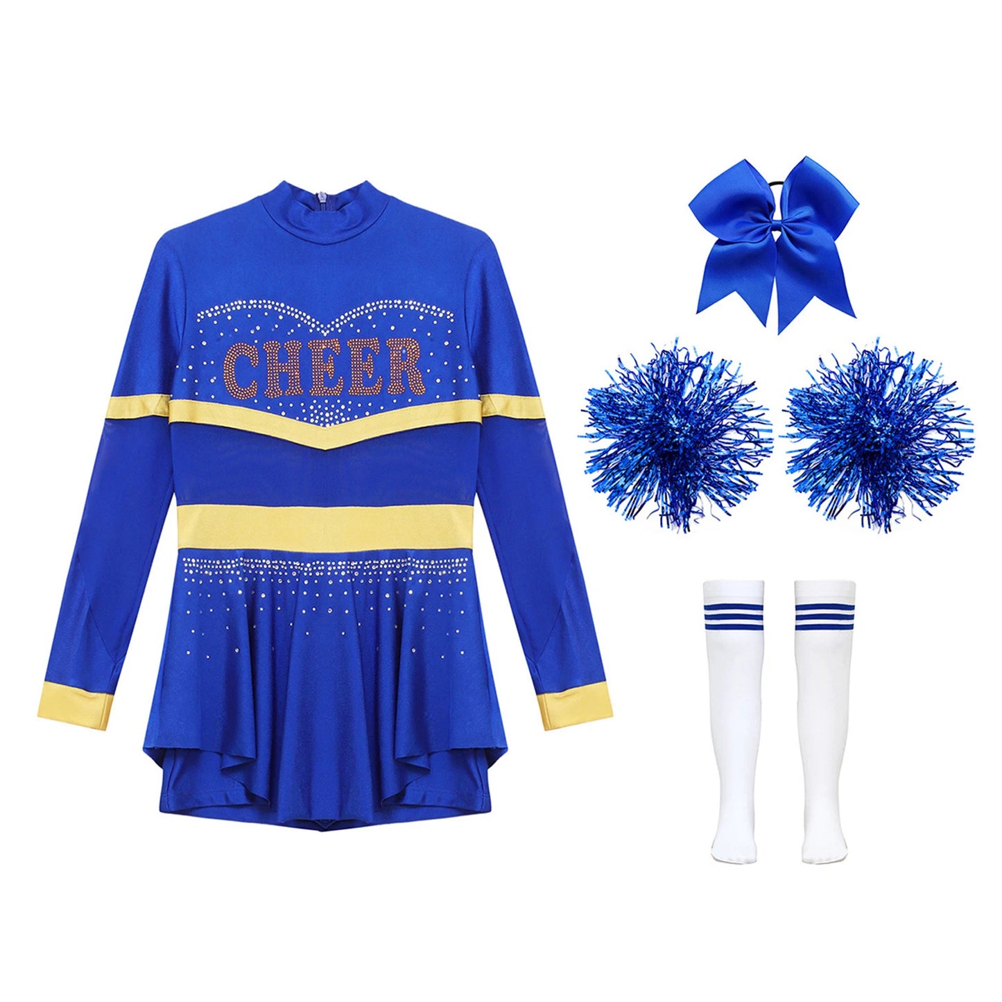 Girls Cheerleader Costume Long Sleeve Cheerleading Uniform Children Cheer Dance Dress Hand Flower Socks Stage Dancewear Sets