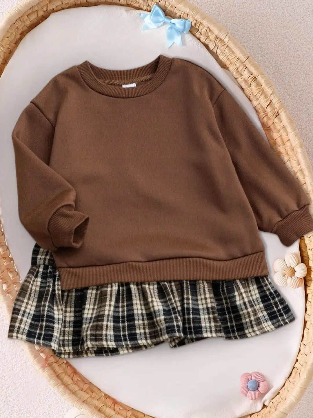 1-Piece Set: Baby Girl Spring and Autumn Thin Dress Outfit, Simple Pullover Long-Sleeve Top with Irregular Hem, Plaid Pattern, Color-Matched Faux Two-Piece Dress, Cute and Fashionable Princess Dress for Girls, Newborn Birthda