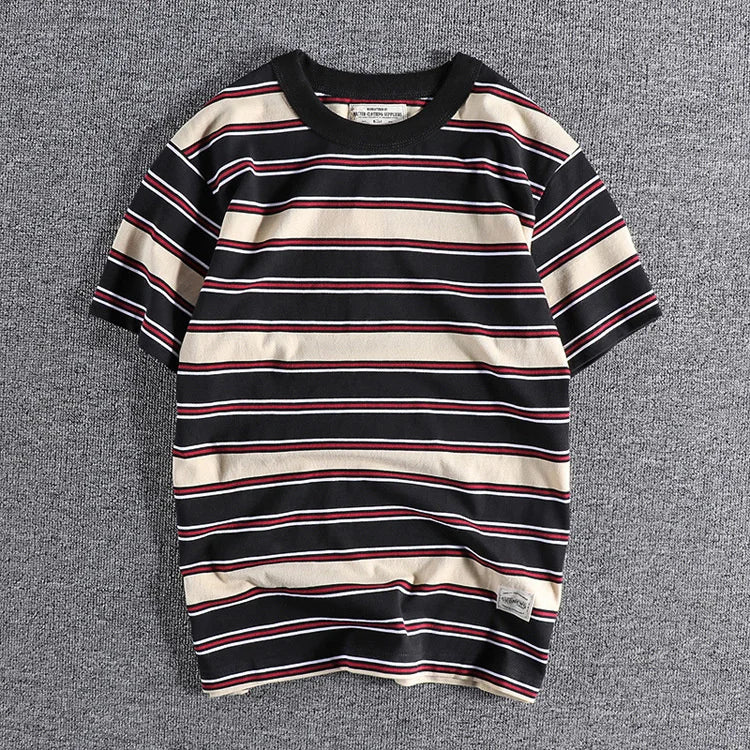 Summer Splicing Pure Cotton Stripe Short Sleeve T-shirt Streetwear Amekaji Heavyweight Casual Male Round Neck Tshirt Tops Tee