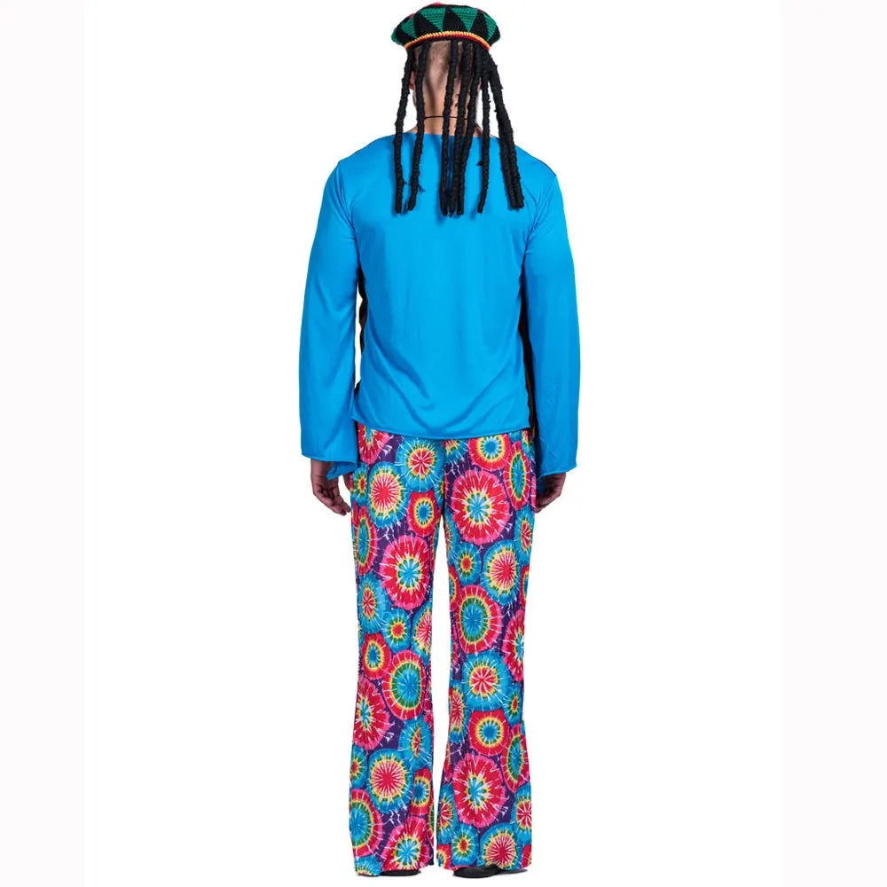 Halloween Hippie Costume Men 60s 70s Hippie Set Pants Shirt Fringe Vest Glass Frame Necklace Rasta Hat Dreadlocks