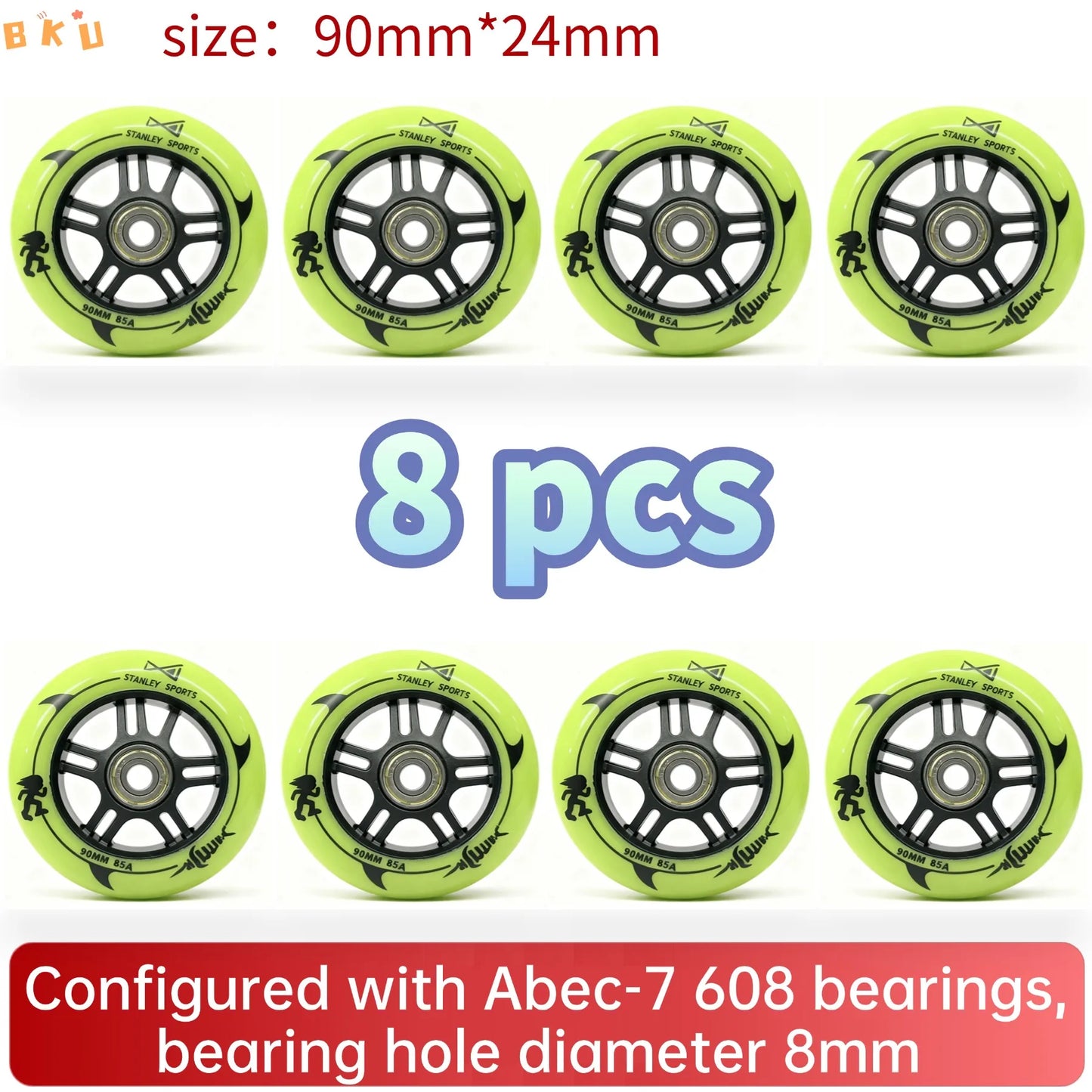 8pcs Universal 90mm PU Wheels for Inline Skates Luggage Stroller with ABEC-7 608 Bearings 12 Color Variants 8mm Inner Hole