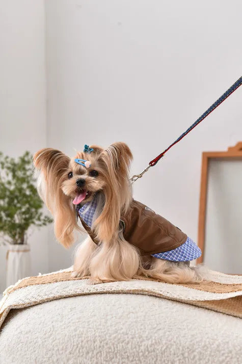 Leather Pitbull Costumes For Small Medium Size Breed Dog With Plaid Shirt Collar Winter Warm Pet Harness Coat Jacket Puppy Wear
