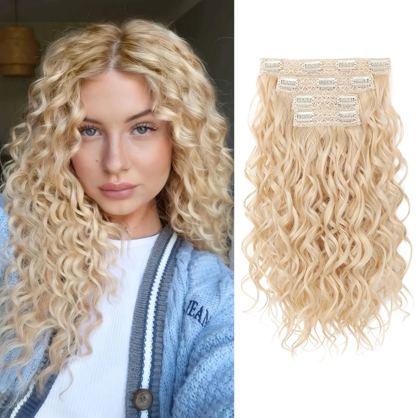 Synthetic 4PCS Hair Extensions 14inch Short Curly Wavy Brown Blonde Color Invisible Lace Weft Natural Soft Hairpieces for Women