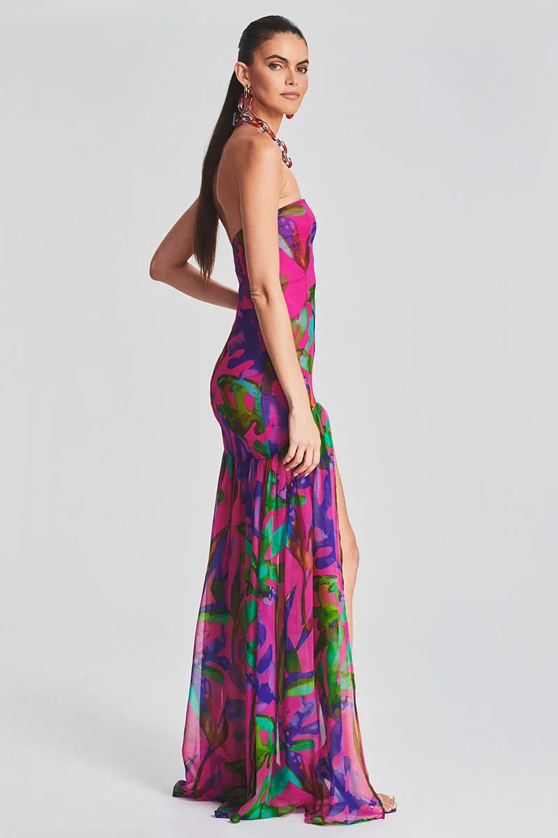 Women Sexy Dress Tropical Print Strapless Mesh Patchwork Slit Hem Vacation Maxi Dress Slim Vintage Off Shoulder Summer Dresses