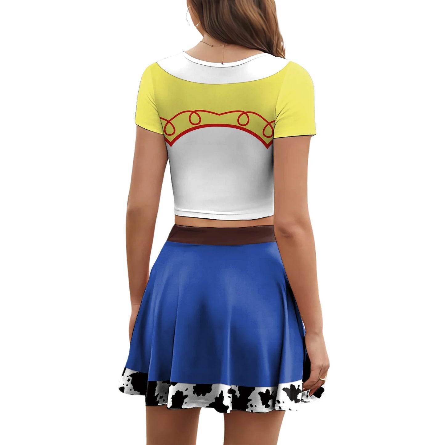Halloween Woody Cosplay Costume For Women Movie Character Print Skirt Set Summer Short Sleeve Crop Top Party Performance Outfits