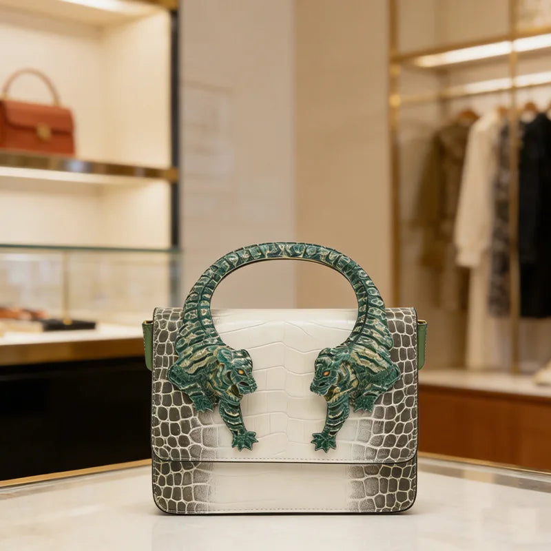 2026 New Luxury Designer Handbag for Women Crocodile Effect Leather Tiger-sculpted Top Handle Fashion Evening Shoulder Bag