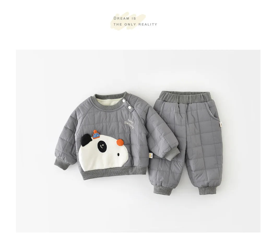 LILIGIRL Winter Baby Clothes Set 6M-3T Thicken Toddler Boys Cartoon Panda Suit Simple Loose Infant Fleece Padded Outfit 2PCS