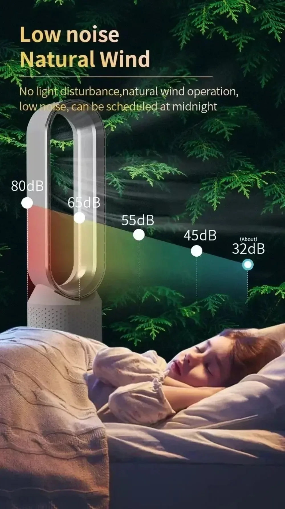 Smart Bladeless Fan 8 Gear Wind Speed Intelligent Timing 90° Shaking Head Remote Control Quiet Desktop Fan for Office Bedroom