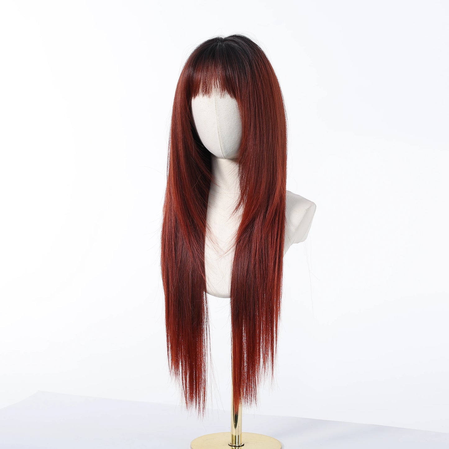 Burgundy Wine Red Ombre Layered Synthetic Wigs With Bangs Super Long Straight Wig For Women Cosplay Natural Daily Heat Resistant