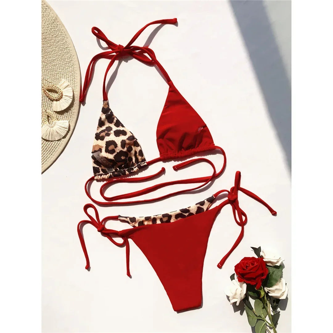 Halter Splicing Leopard Bikinis 2026 Satin Bikini Female Swimsuit Women Swimwear Two-pieces Bikini Set Micro Bathing Suit Swim