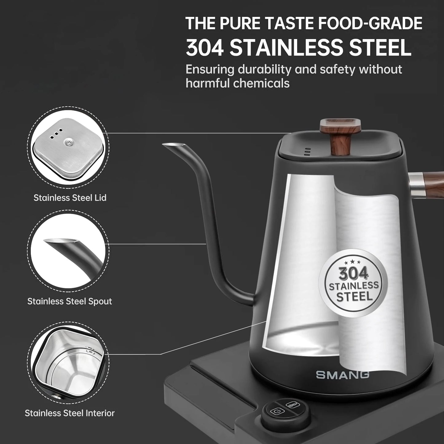 SMANG 1200W Gooseneck Electric Kettle 1L Temperature Control Coffee Kettle Pour Over Coffee Kettle Coffee and Tea Kettle