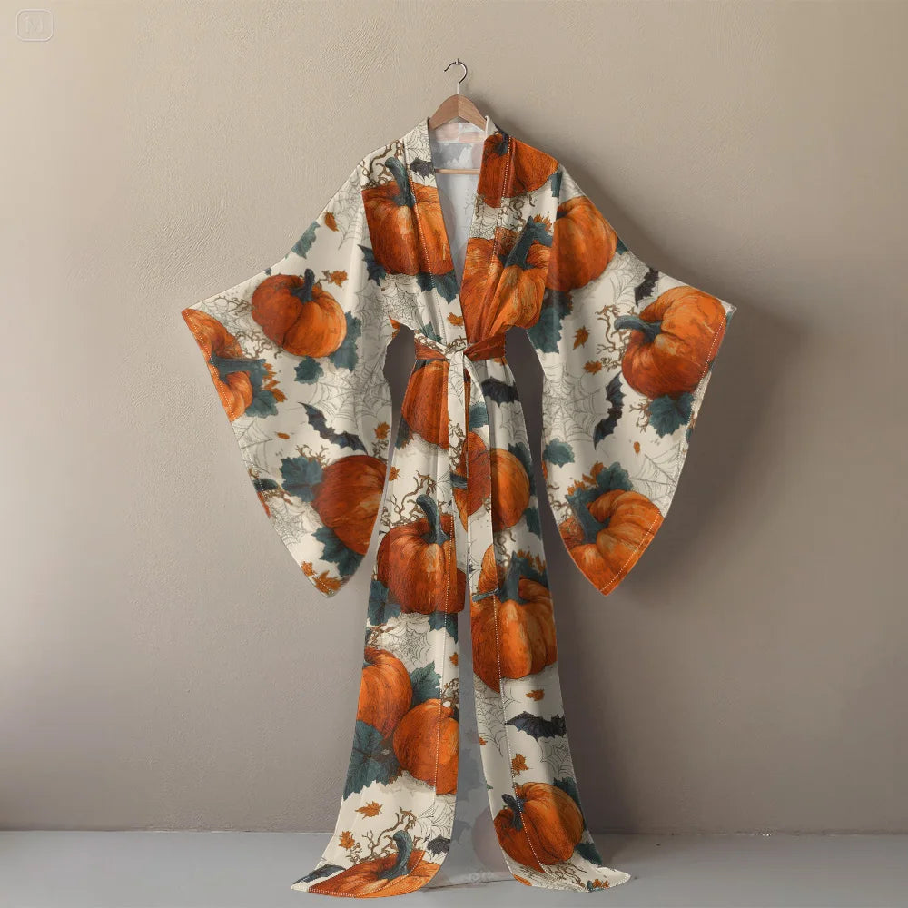 Halloween Sexy V-Neck Robe with Ghost Print High Slit & Bat Sleeves Kimono - Women's Party Costume Funny Cool Cosplay Wear