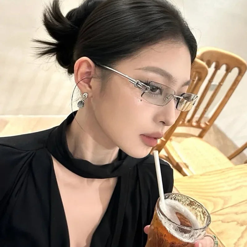 New Fashion Rectangle Rimless Women Sunglasses Retro Clear Ocean Lens Shades UV400 Men Outdoor Travel Sun Glasses