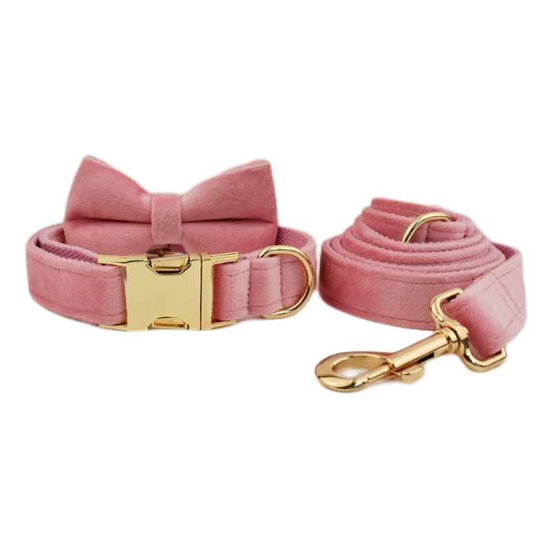 Pink Velvet Dog Collar And Leash Set For Small Medium Large Dogs Custom Engraved Nameplate Pet Supplies Dog Leash Velvet 01