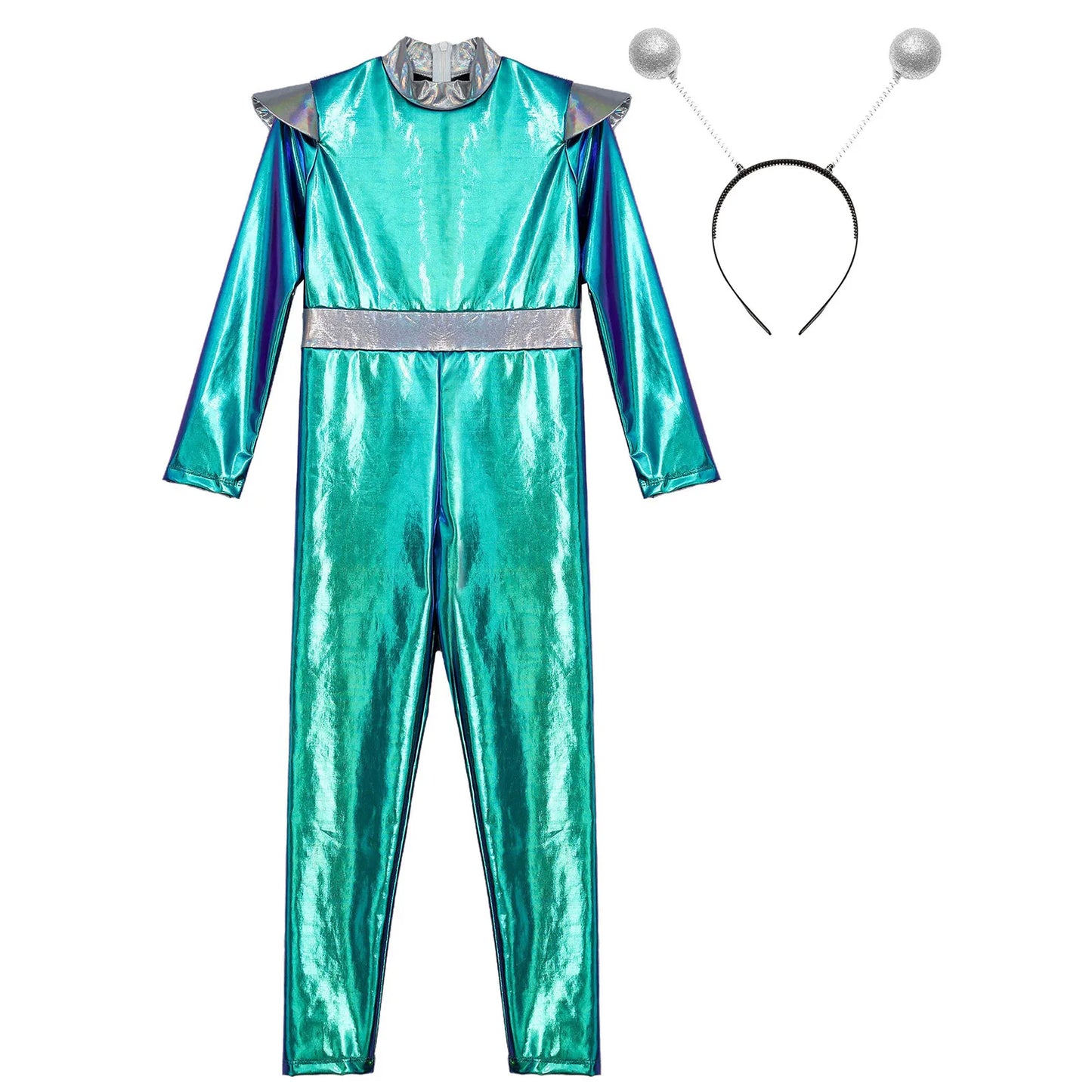 Kids Boys Girls Halloween Carnival Alien Cosplay Performance Costume Long Sleeve Metallic Shiny Space Jumpsuit with Hair Hoop