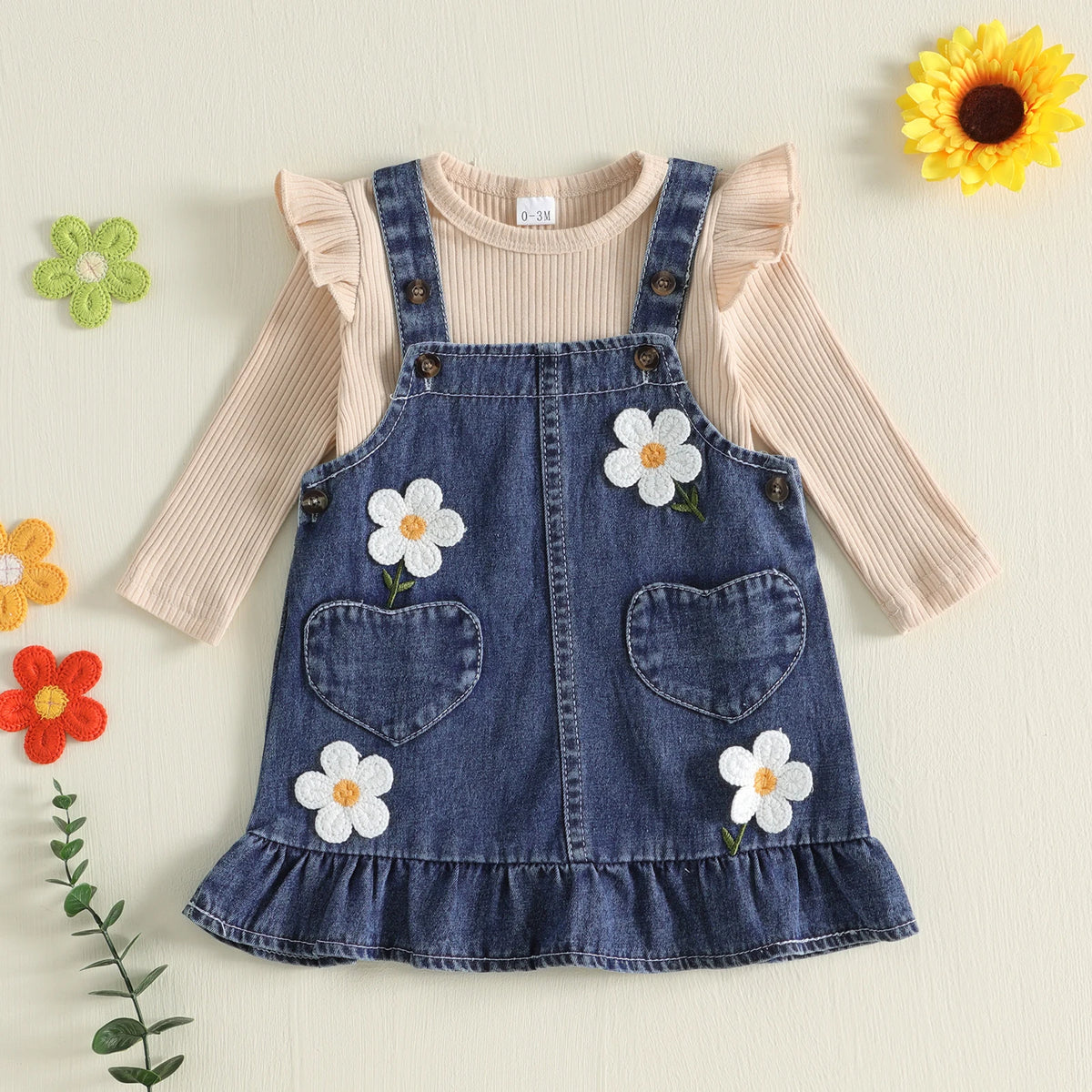 Baby Girl Fall Winter Outfit Fly Long Sleeve T Shirt Sleeveless 3D Flower Denim Dress 2Pcs Set
