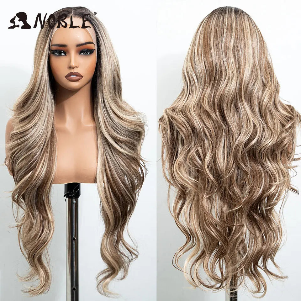 Noble 30 Inch Synthetic Lace Front Wigs For Women Curly Ash Blonde Highlight 13x4 Body Wave Silk Base Lace Wig Cosplay Daily Wig