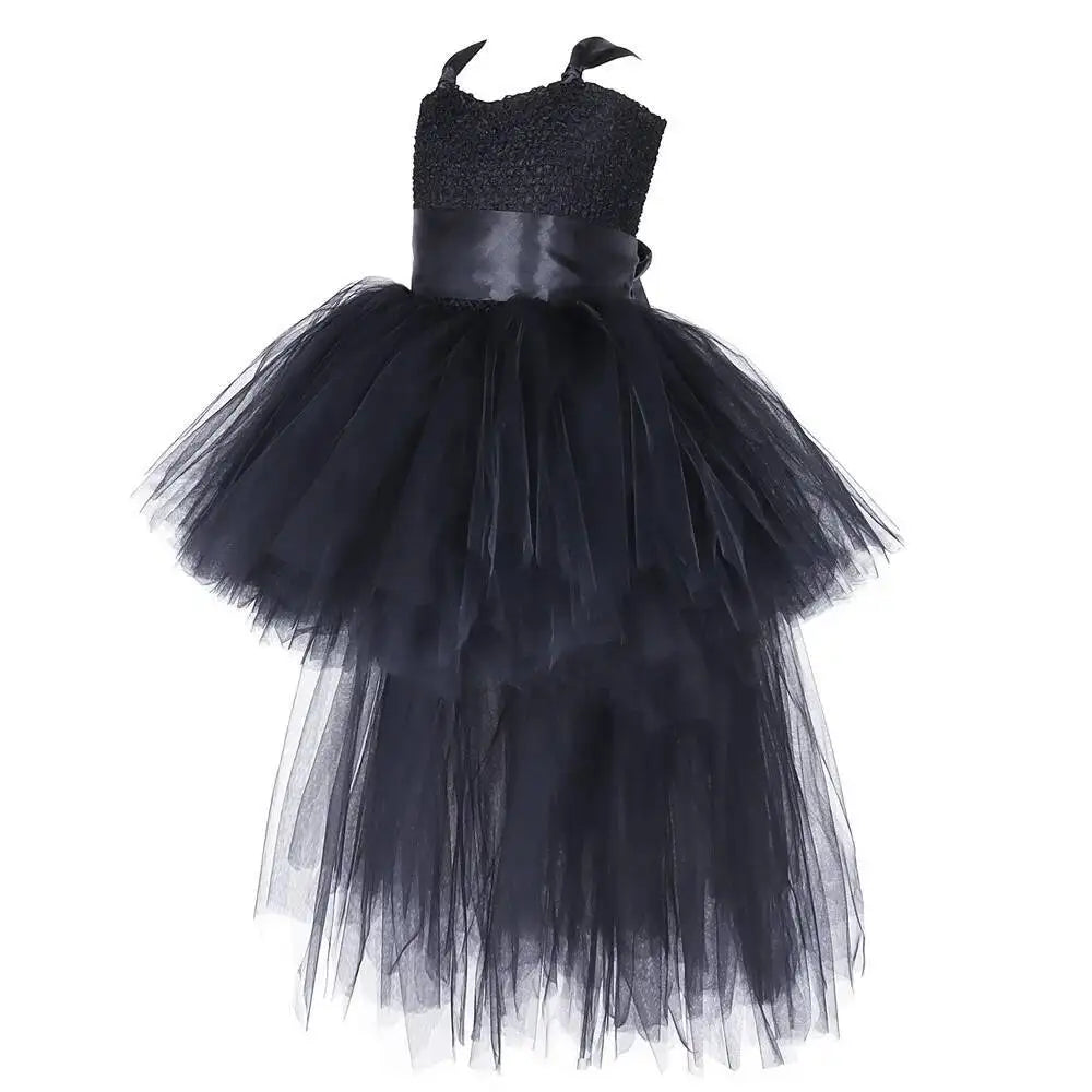 Dark Witch Halloween Costumes for Girls Black Devil Angel Fancy Trailing Dress with Feather Wings Bat Horns Kids High Low Outfit