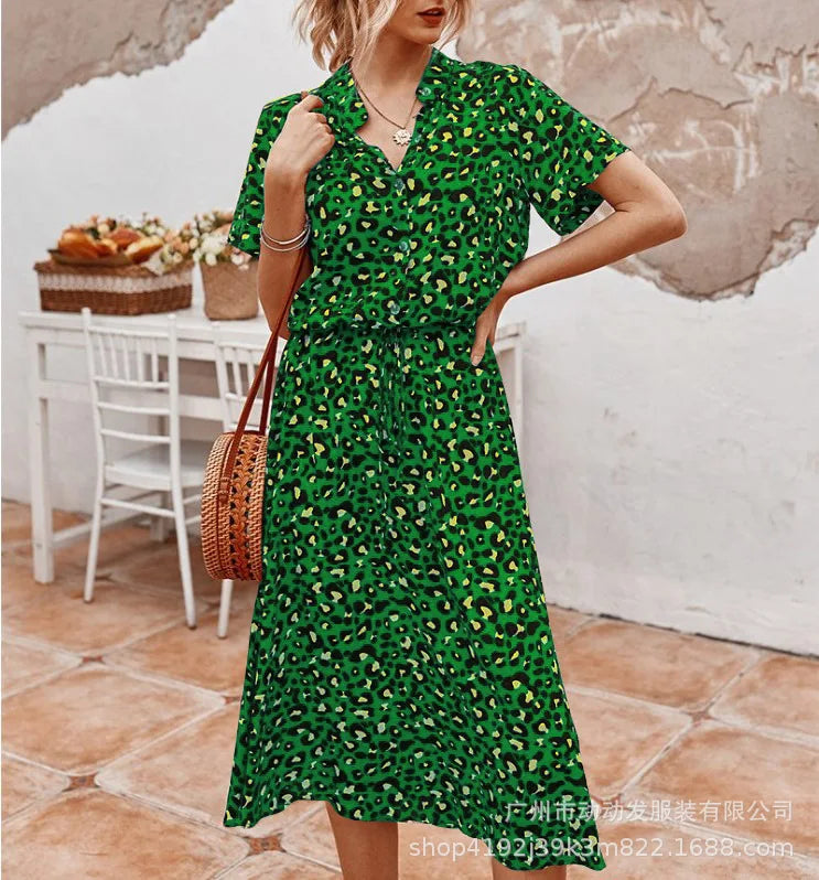 New Fashion Women's Polka Dot Print Short Sleeve Midi Dress Cotton Summer New Arrival Knee-Length Stand Collar Regular Waist