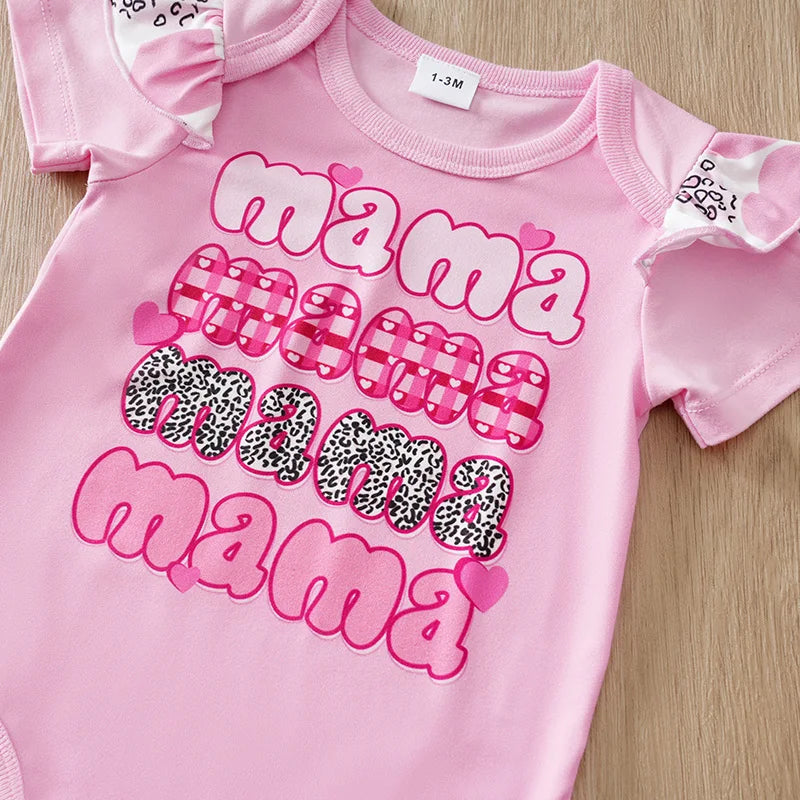Mother's Day Themed Baby Short-Sleeved 3-Piece Set for Girls (0-18 Months), Pink Hearts and Bow Design