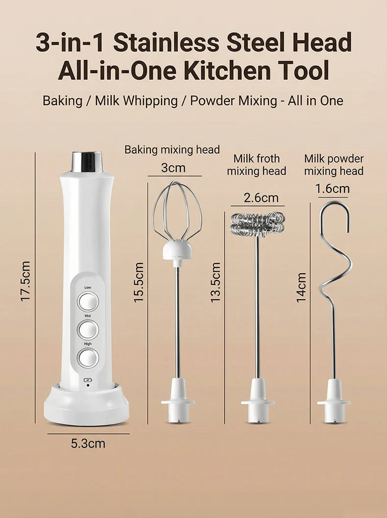 Handheld Wireless Rechargeable Electric Milk Frother 3 Speeds USB Rechargeable Foam Maker for Latte Cappuccino Hot Chocolate